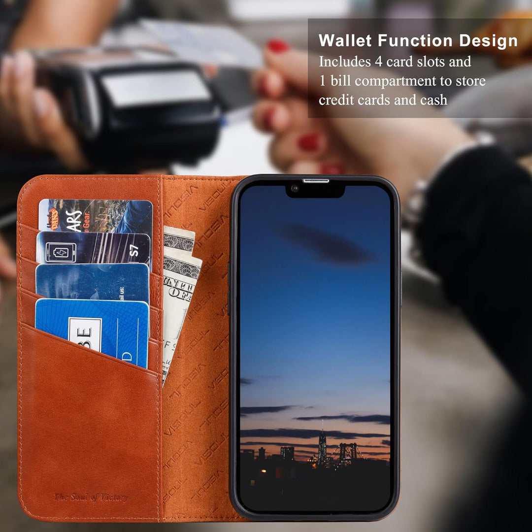 VISOUL iPhone 14 Plus Hülle, Handyhülle [100% Carbon Leder] [RFID Schutz] [Schützt vor Stoss] [Stand