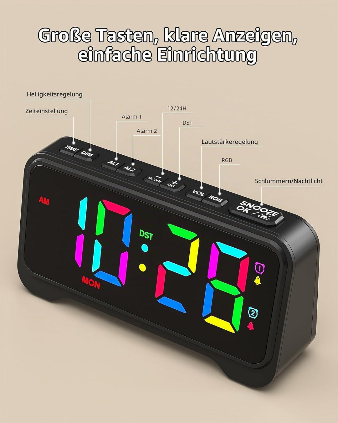 ROCAM LED Wecker Digital mit Grossen Zahlen, Nachttisch Wecker mit Typ-C &amp; USB-Ladeanschluss, Dualer