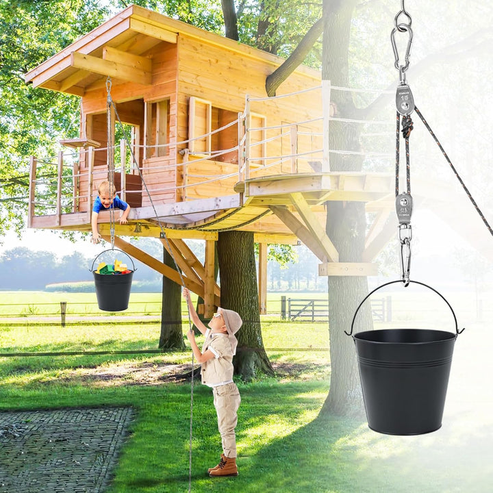 FORMIZON Flaschenzug Kinder, Flaschenzug mit Metalleimer, Zubehör fürs Baumhaus Spielturm, Kinder-Ri