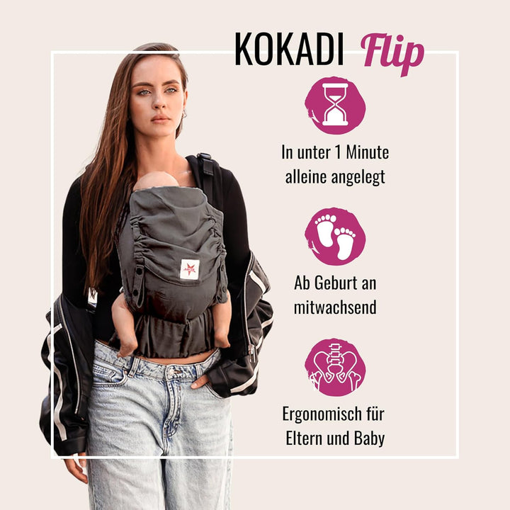 KOKADI Babytrage Flip - ergonomisch, mitwachsend und einfach - sichere Tragehilfe ab Geburt bis 15kg