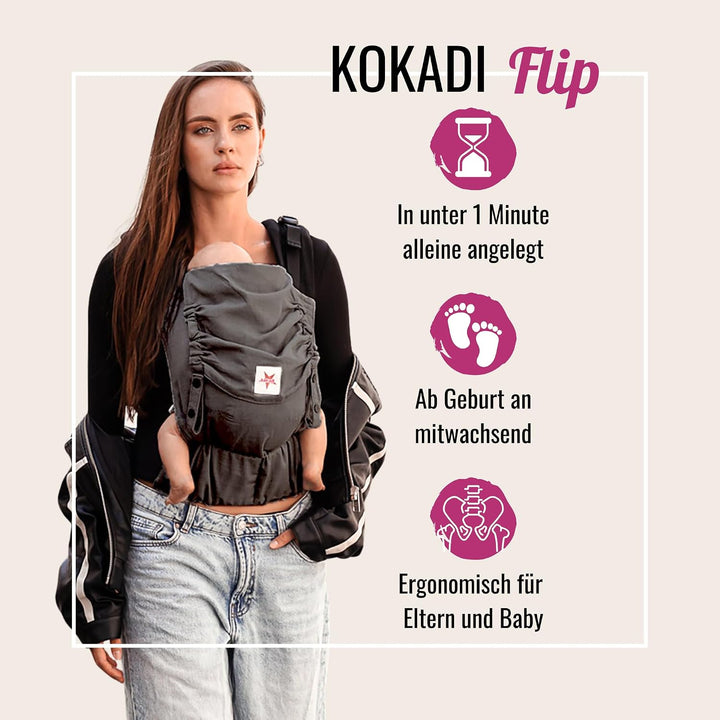 KOKADI Babytrage Flip Just (Babysize) – Ergonomisch, sicher &amp; anpassbar, handgefertigt aus 100% Bio-