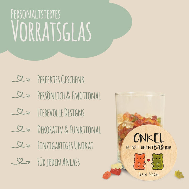 GRAVURZEILE Vorratsglas mit bedrucktem Holzdeckel - UnentBÄRlich Onkel - Personalisiert mit Name - K