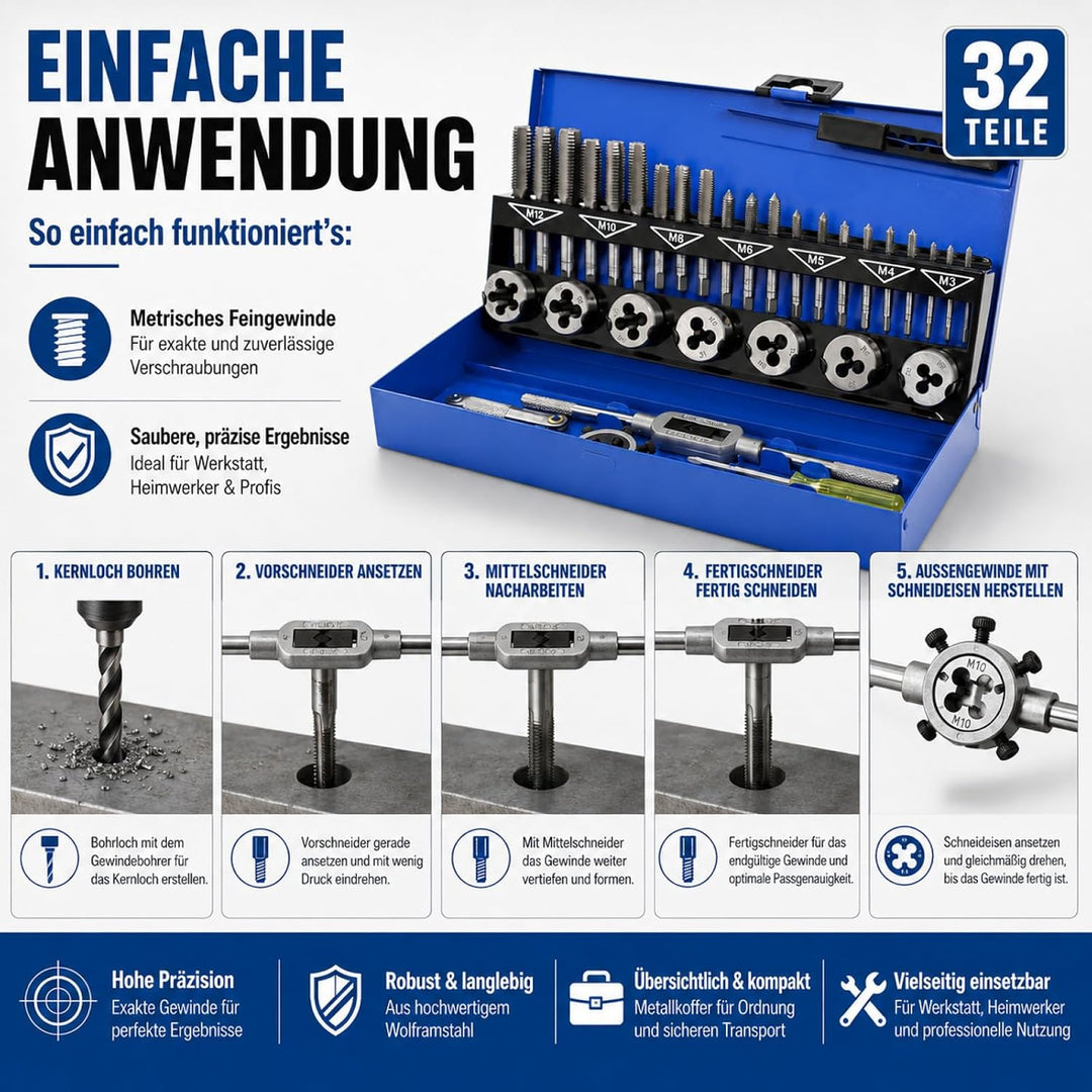 BITUXX® 32tlg Gewindeschneid Set Satz M3-M12 Gewindeschneider Gewindebohrer Set Schneideisen M3 M4 M