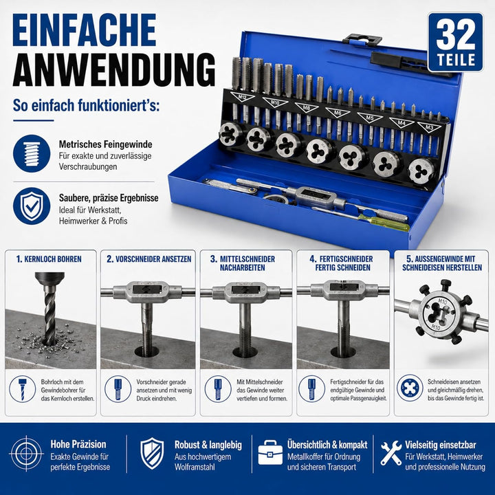 BITUXX® 32tlg Gewindeschneid Set Satz M3-M12 Gewindeschneider Gewindebohrer Set Schneideisen M3 M4 M