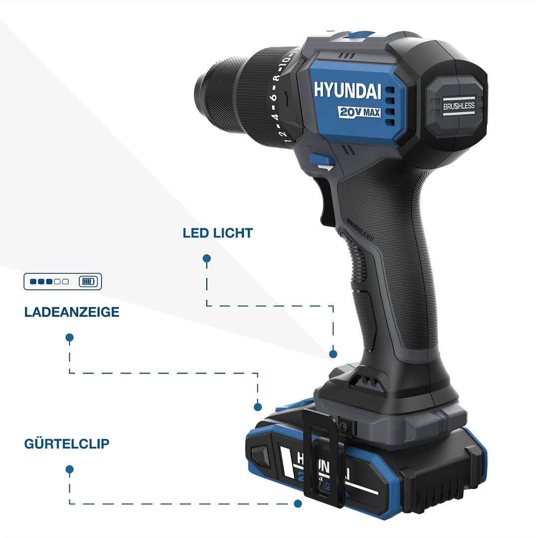 HYUNDAI Akku-Schlagbohrschrauber HD20X-60-2A2 | 20V, bürstenloser Motor, 60 Nm, 13mm Metallbohrfutte