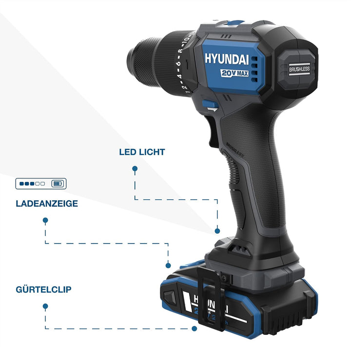 HYUNDAI Akku-Schlagbohrschrauber HD20X-60-2A2 | 20V, bürstenloser Motor, 60 Nm, 13mm Metallbohrfutte