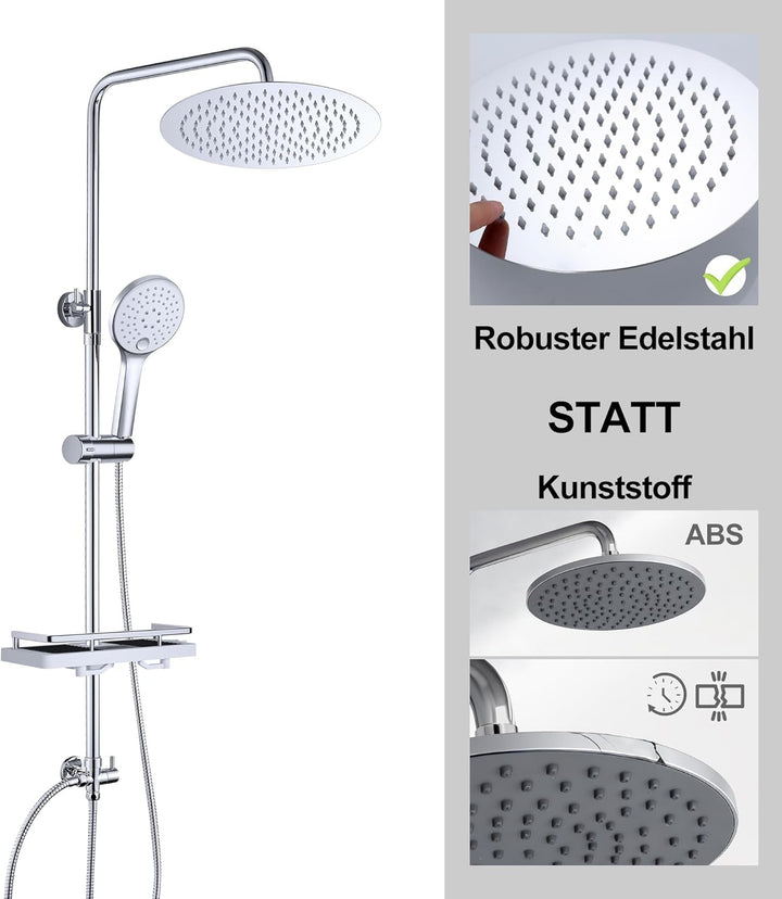 JOHO Edelstahl Regenduschset Duschsystem ohne Armatur, Duschset Duschstange mit Ablage Chrom(Kopfbra