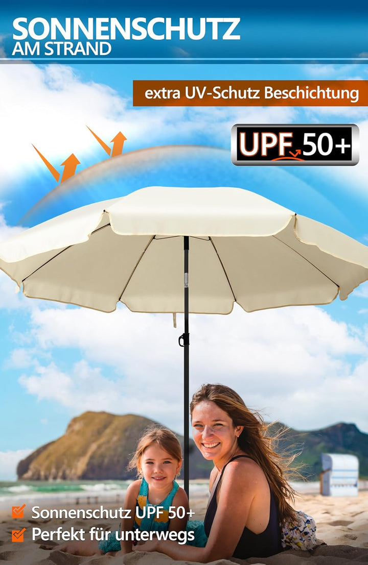 4smile Sonnenschirm Strand SunnyJoy, 3-in-1 SET, Beige - UPF 50+ Strandschirm Ø 160 cm + Sonnenschir