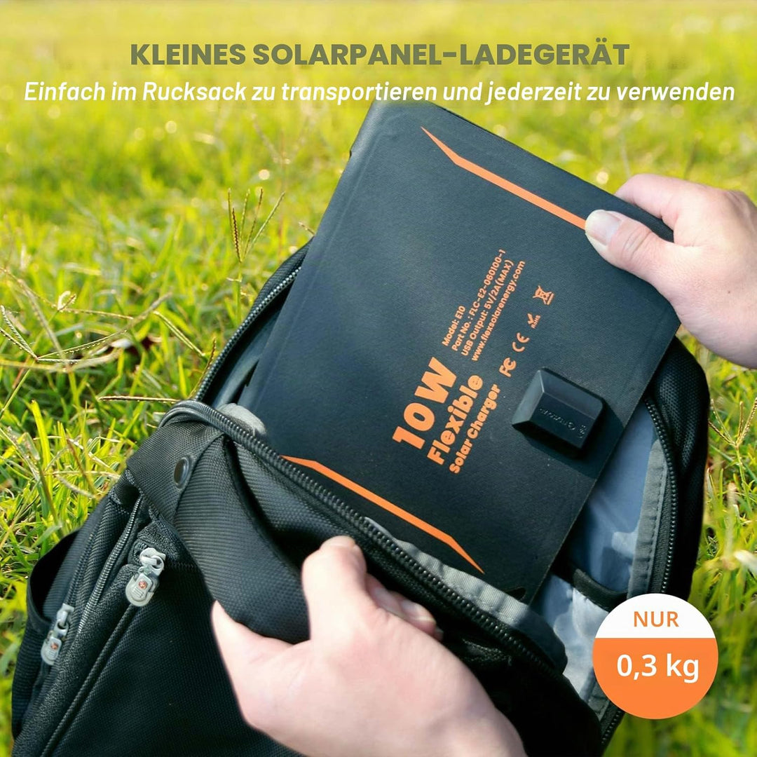 FlexSolar 10 W tragbares Solarpanel-Ladegerät,wasserdichtes IP67 faltbares Solarpanel mit USB-Anschl
