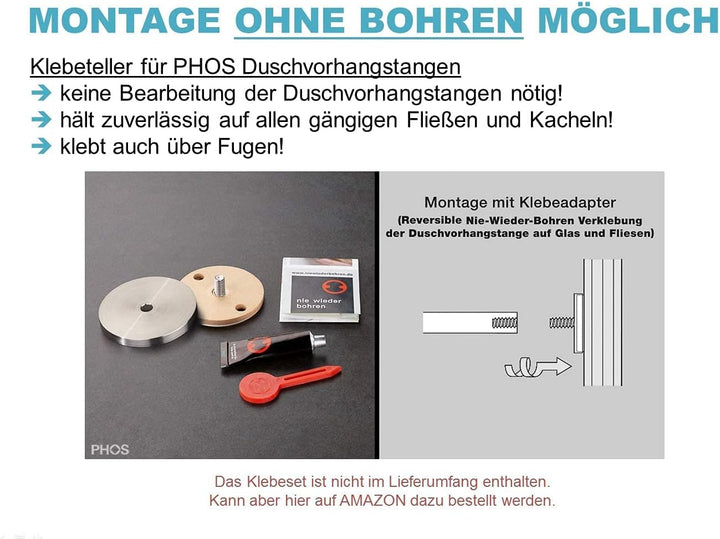 PHOS Edelstahl Design, DSE950, L-Form 95 x 95 cm Duschvorhangstange, Deckenträger einkürzbar, echter
