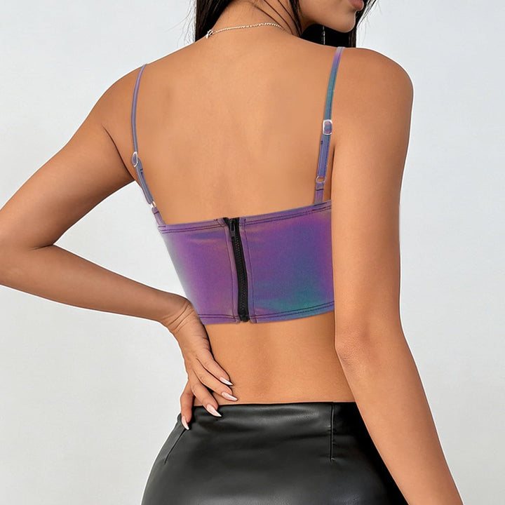 Naimo Damen Glänzend Reflektierendes Cut Out Crop Top Ärmellos Spaghettiträger Tank Tops Cami Weste