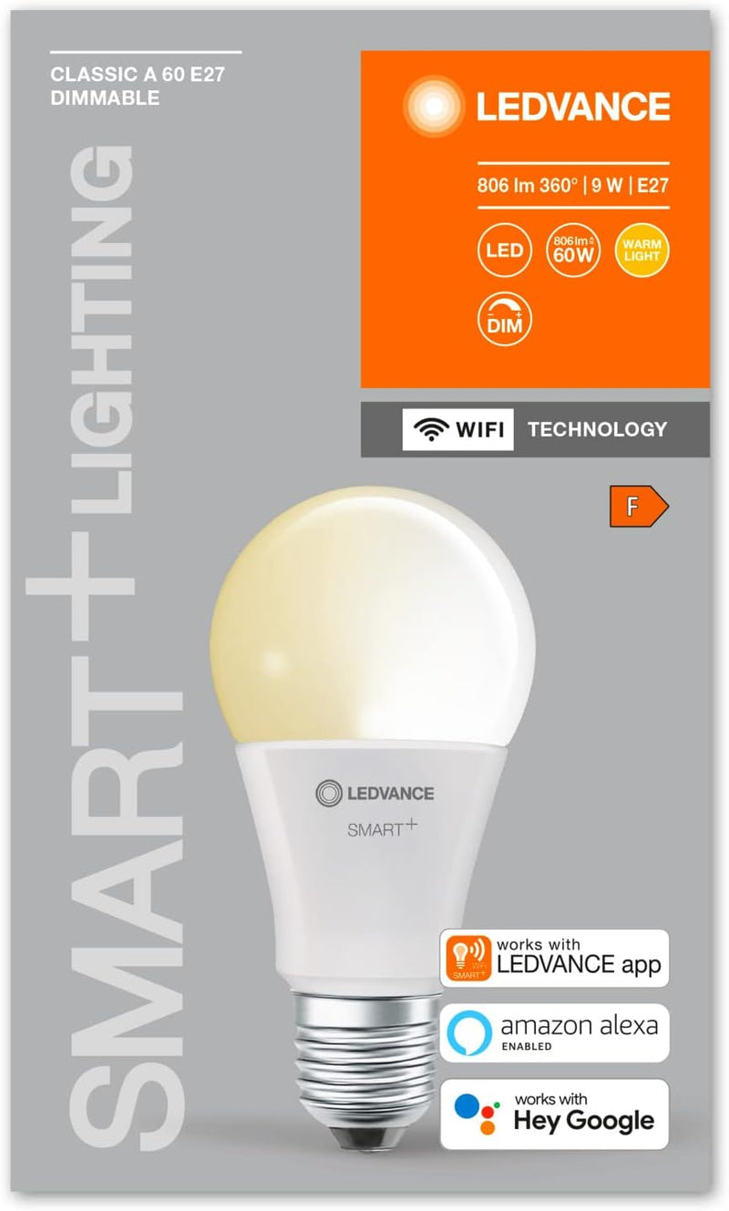 LEDVANCE Smarte LED-Lampe mit WiFi Technologie, Sockel E27, Dimmbar, Warmweiss (2700 K), ersetzt Glü