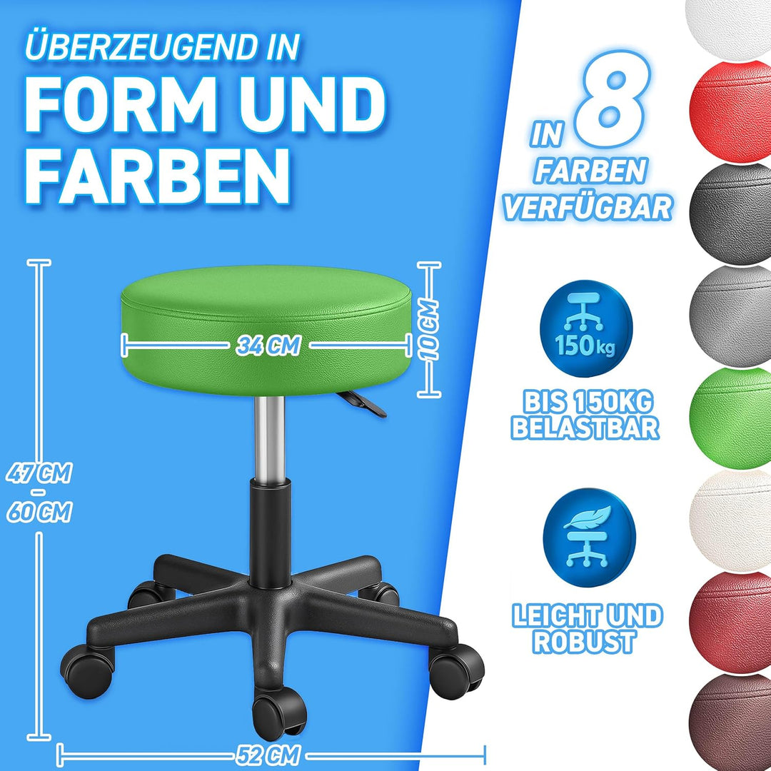 TRESKO® Rollhocker höhenverstellbar 10 cm Dicke Polsterung bis 150 kg | Hocker 47-60cm | Arbeitshock