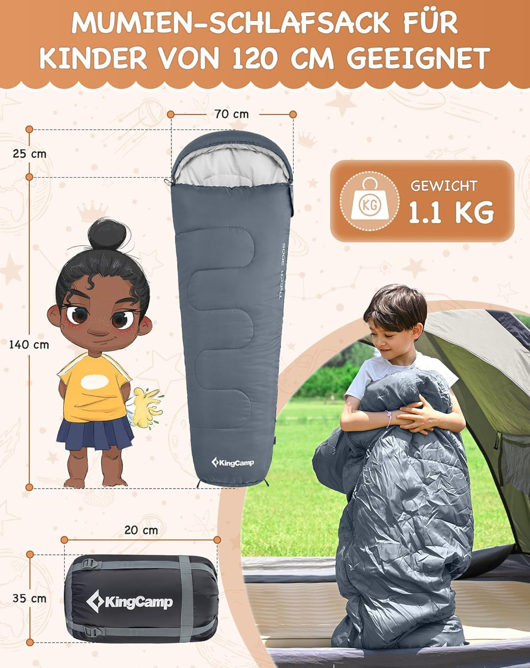 KingCamp Schlafsack Mumienschlafsäcke mit Kapuze 3-4 Jahreszeiten Warmer für Kinder & Erwachsenen be