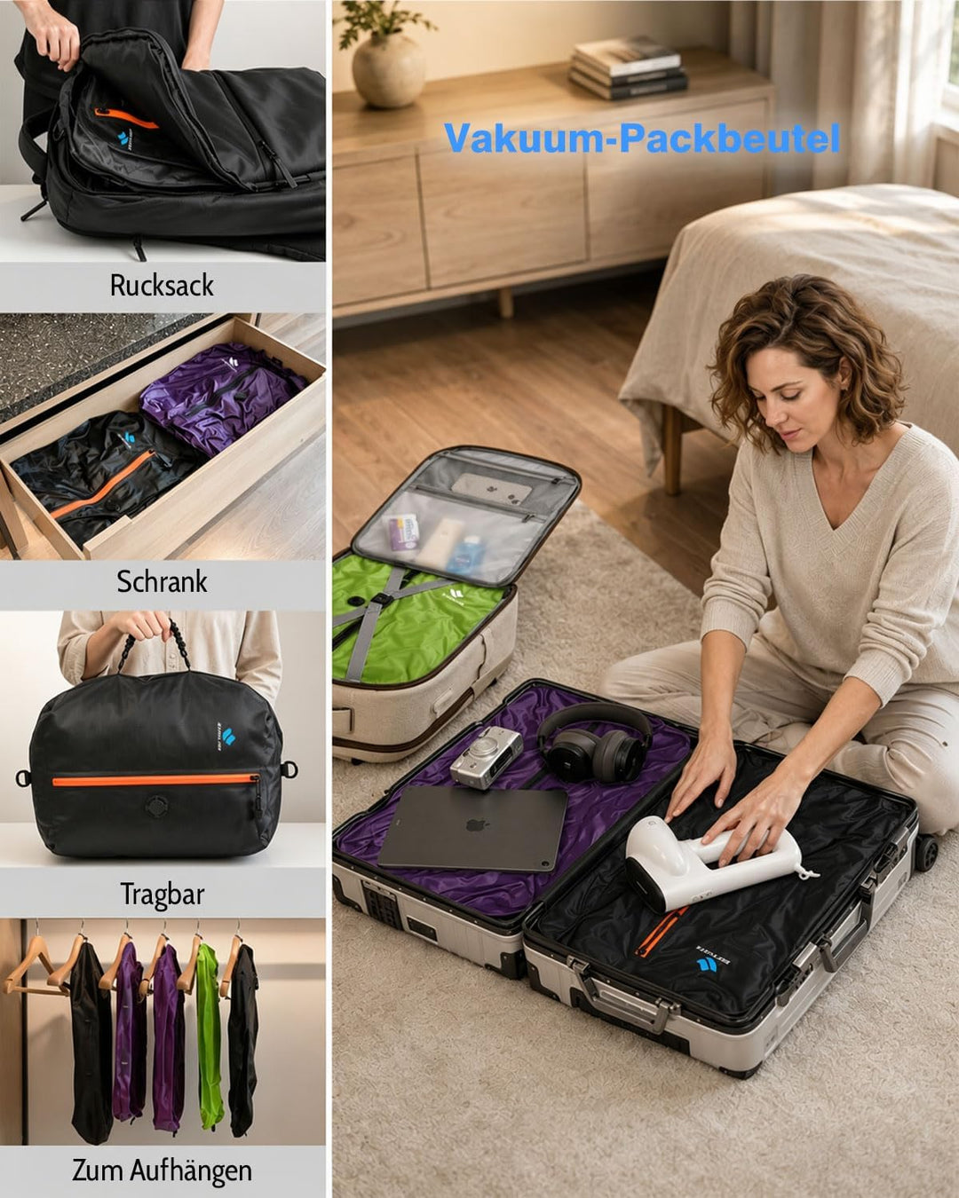 Zurligi 39L Vakuumbeutel-Reiseset mit Pumpe, Nylon, Griff, Schwarz, 2 Stück | Wiederverwendbare, was