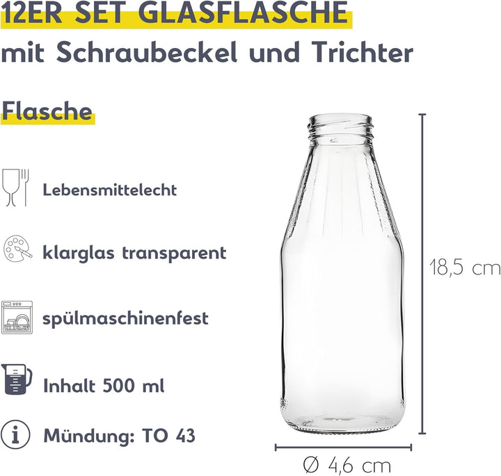 mikken 12 x Glasflasche 500 ml, Flasche mit Schraubverschluss gold inkl. Trichter
