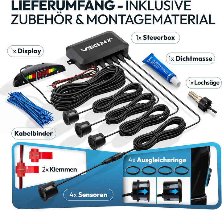 VSG24 Premium Einparkhilfe hinten mit Display zum nachrüsten am Auto, PDC Parksensoren hinten mit St