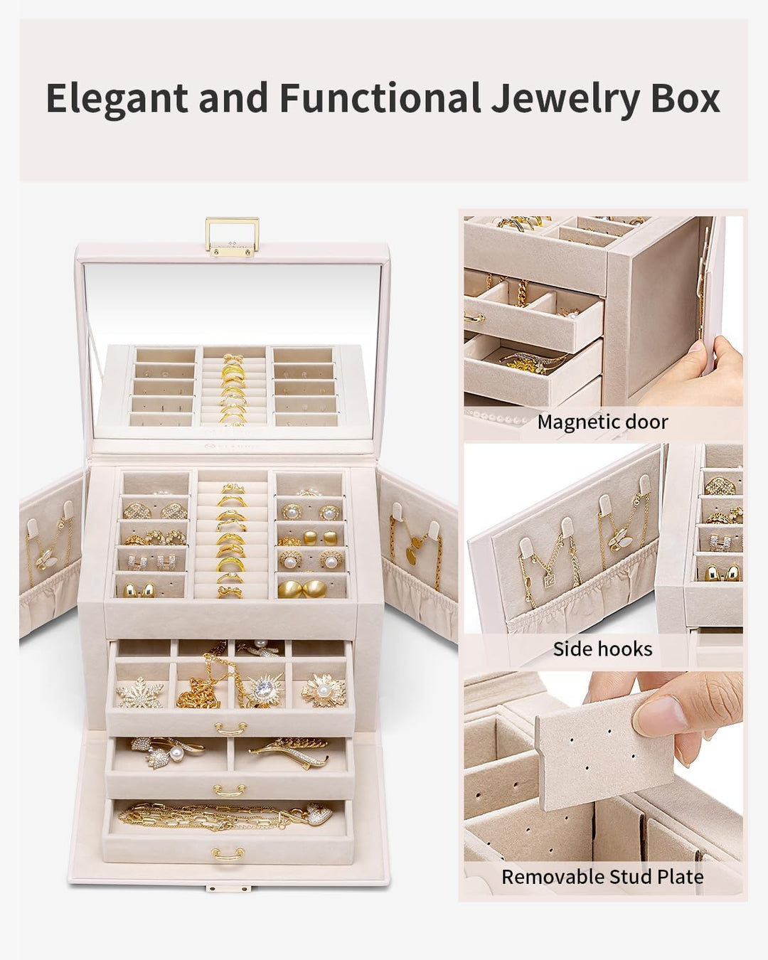 Vlando Schmuckkasten Schmuckbox mit 4 Ebenen, Schmuckschatulle PU Leder, Schmuckbox mit Spiegel und