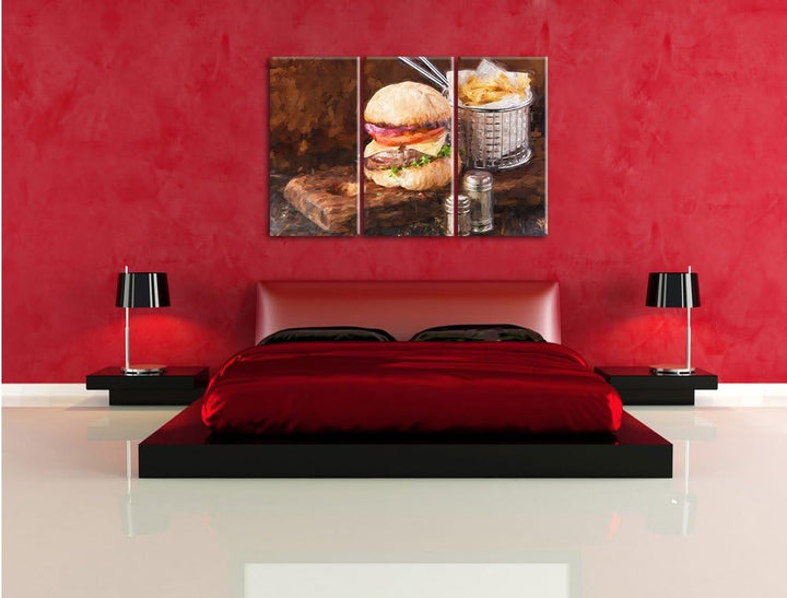 Pixxprint Cheesburger mit Pommes als Leinwandbild/Grösse: 3 Teilig (120x80) cm/Wandbild/Kunstdruck/f