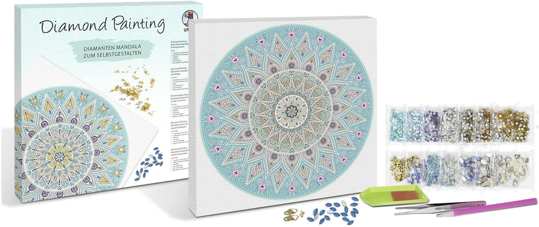 Ursus 43520005F - Diamond Painting Mandala Set 5, Bastelset mit Steinchen in Hellblau-, Taupe- und W