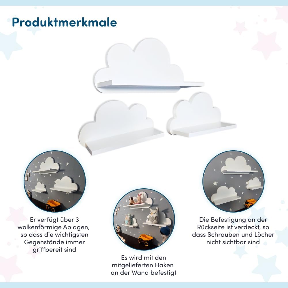 3er Set Wandregal Kinderzimmer Weiss | Babyzimmer Wolkenregal für Bücher, Spielzeug, Dekoration | Re