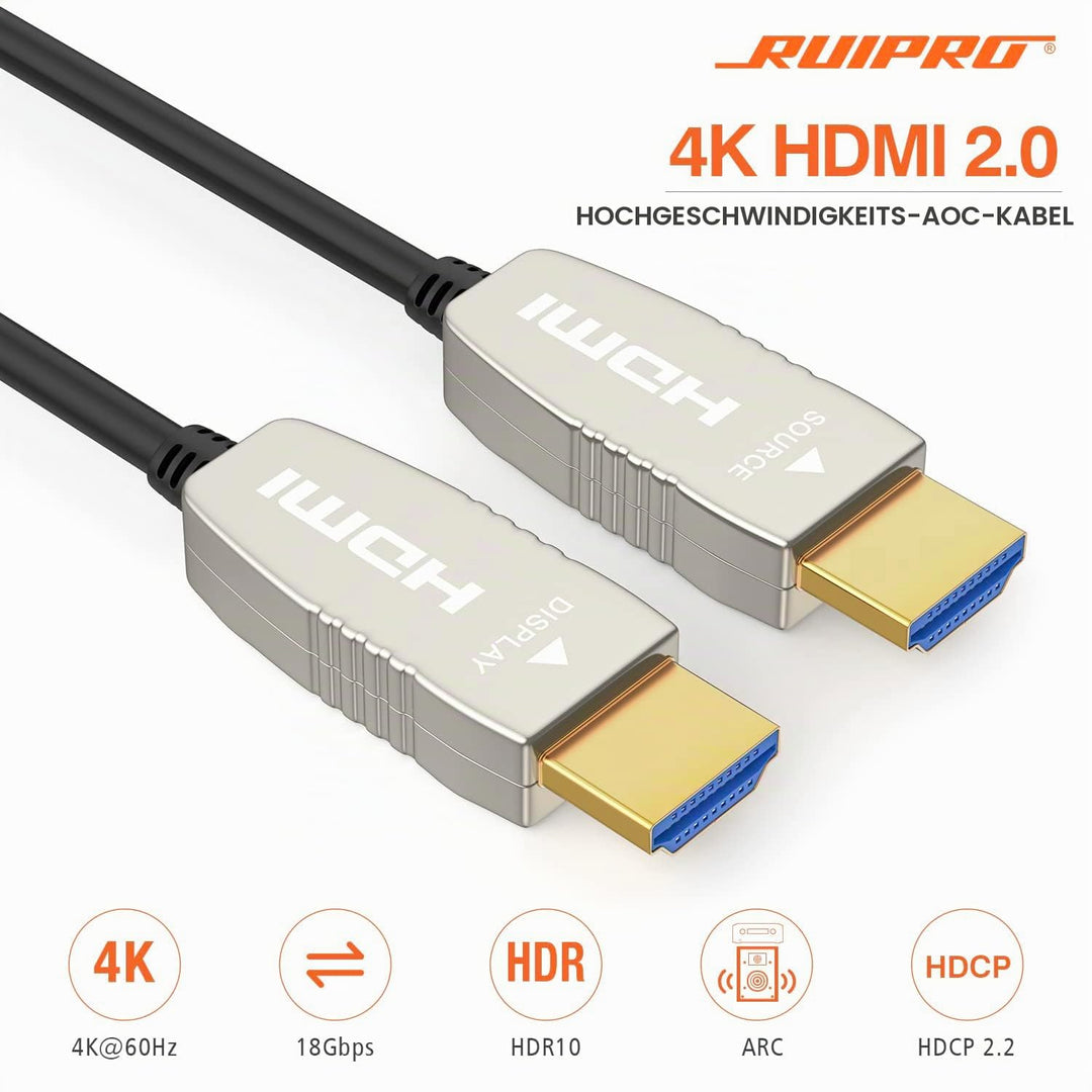 RUIPRO 4K Glasfaser HDMI Kabel 15 Meter 18Gbps 4K@60Hz ARC HDR10 Ultradünnes Flexibles HDMI 2.0b Kab