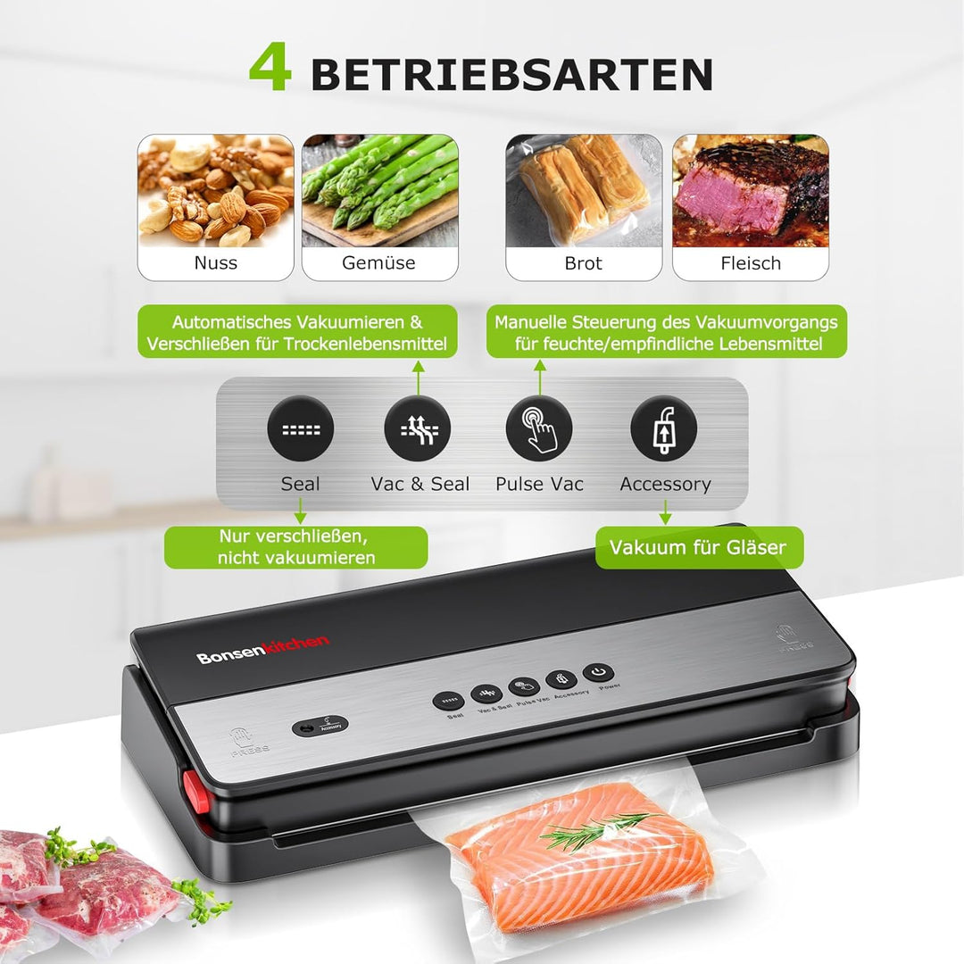 Bonsenkitchen Vakuumiergerät, für Trockene und Feuchte Lebensmittel Vakuumierer mit Eingebauter Cutt
