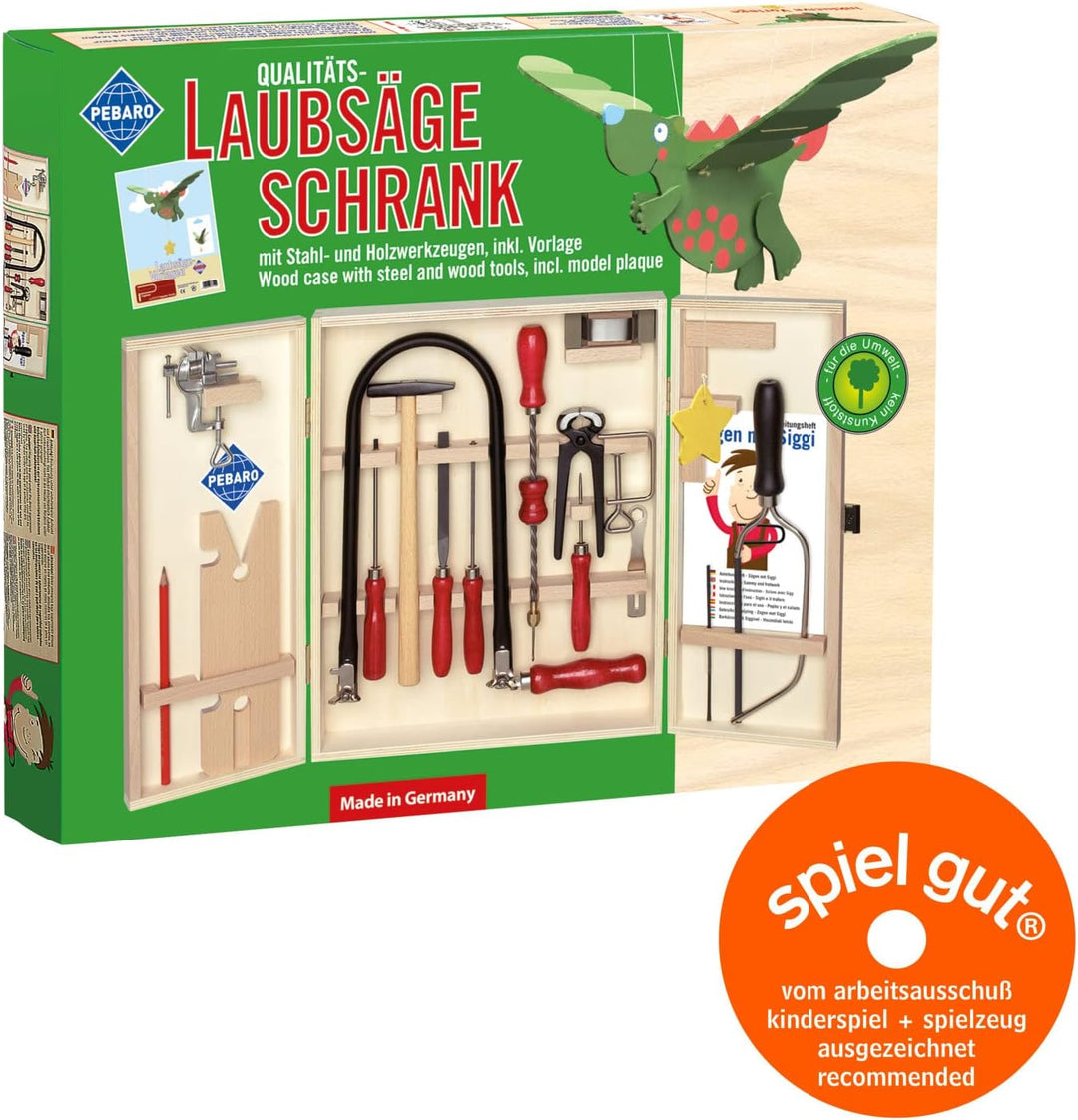 Pebaro 401S Öko-Laubsägeschrank, 24 Teile, komplettes Set im Holzschrank ohne Kunststoff, Stahlwerkz