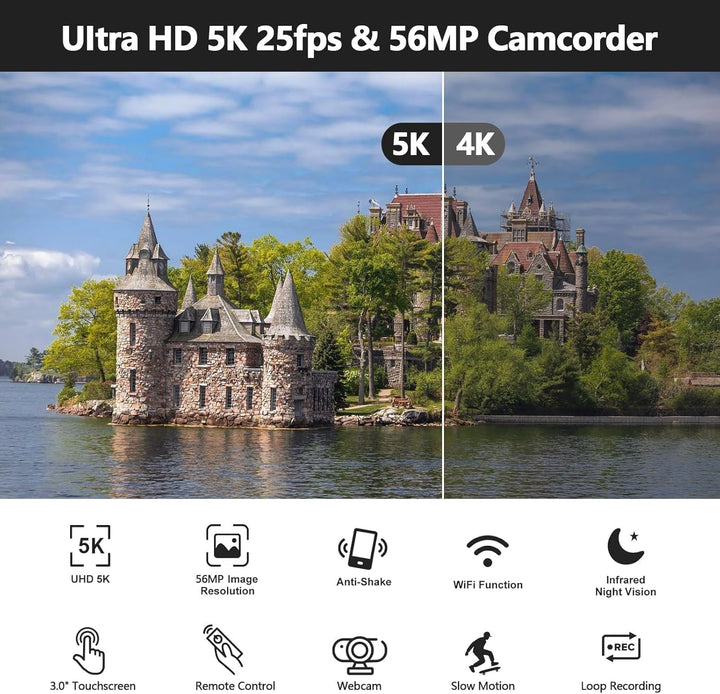 Videokamera Camcorder 5K 56MP Vlogging Kamera für YouTube, WiFi, IR Nachtsicht, 16X Digitalzoom, 270