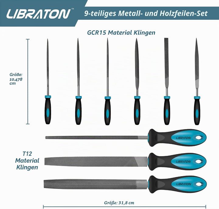 LIBRATON Feilen Set, Werkstattfeile Satz 9 tlg. Feilenset Metall Set Feilensatz inkl. Flachfeile Hal