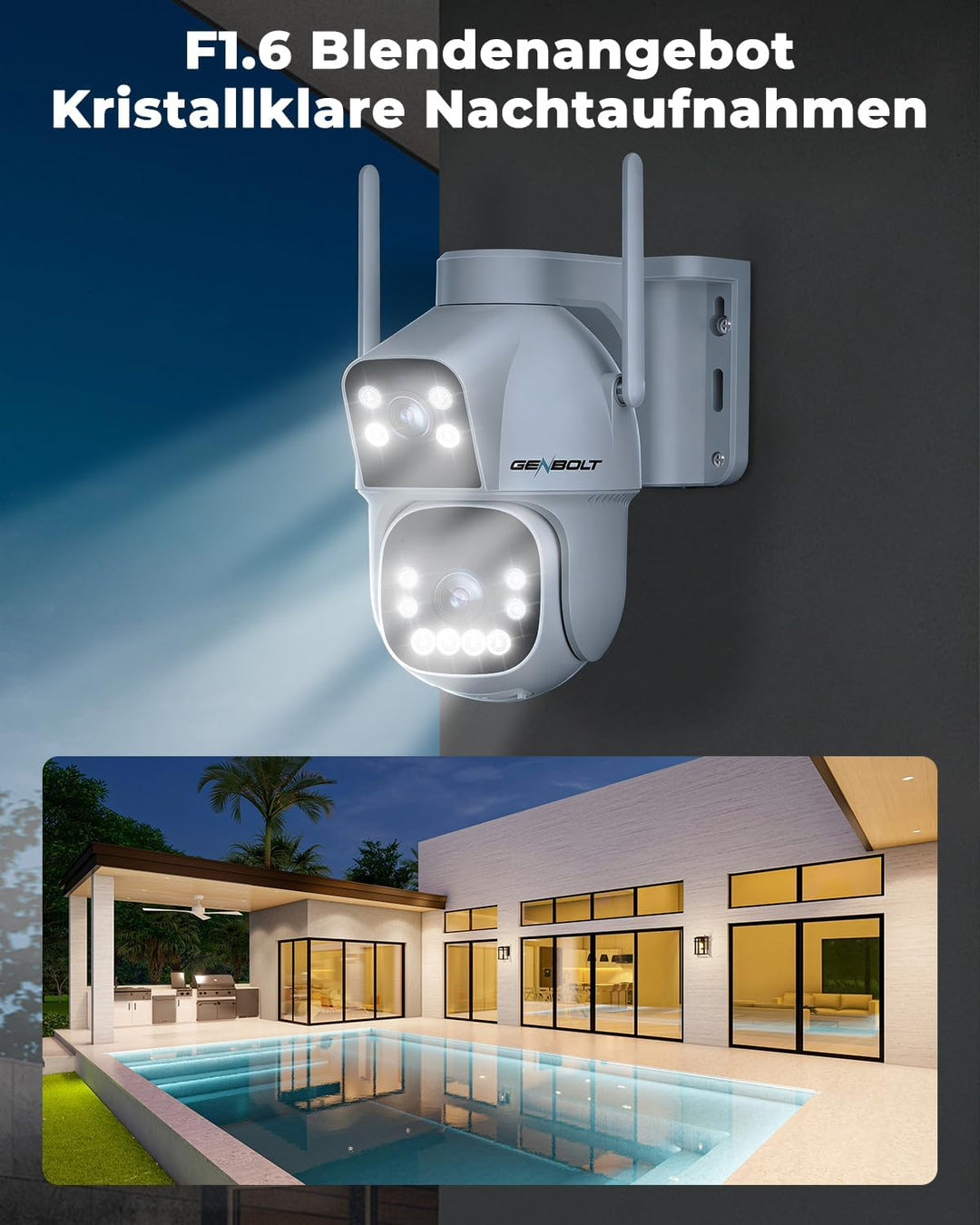 GENBOLT 2.5K AOV Solar Überwachungskamera Aussen WLAN Kabellose, 7/24-Aufzeichnung 3MP+3MP IP Kamera