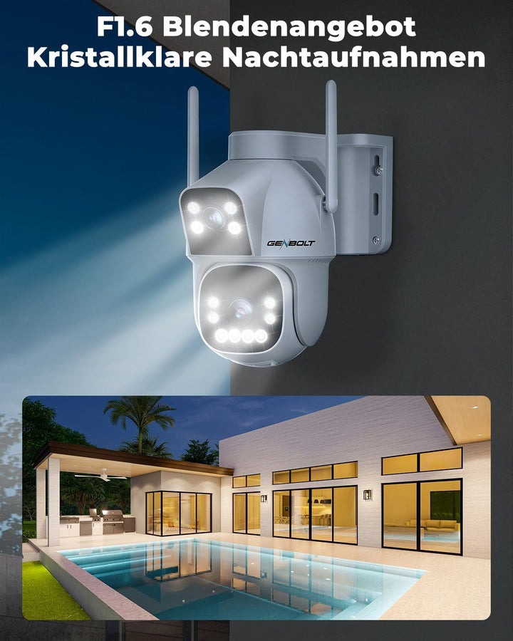 GENBOLT 2.5K AOV Solar Überwachungskamera Aussen WLAN Kabellose, 7/24-Aufzeichnung 3MP+3MP IP Kamera