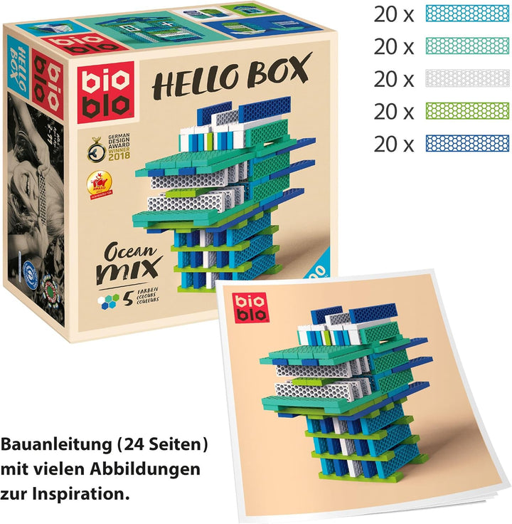 bioblo Hello Box Ocean Mix mit 100 Stück | Nachhaltige Bunte Bauklötze für Kinder ab 3 Jahren | Holz