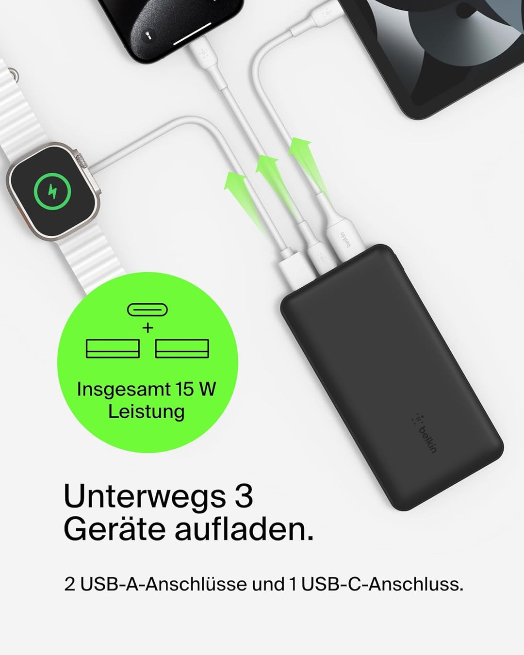 Belkin tragbares USB-C-Ladegerät, 20.000 mAh, 20K Powerbank mit USB-C-Ein-/Ausgang und 2 USB-A-Ansch