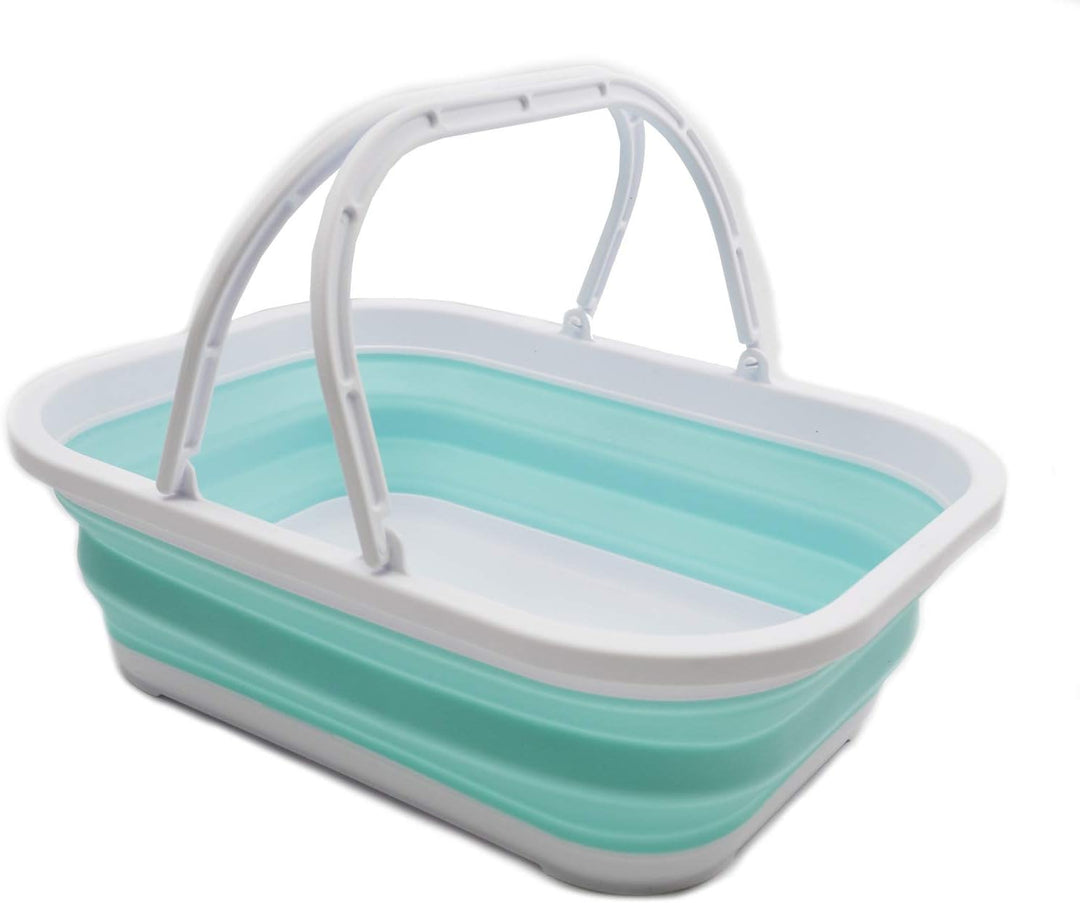SAMMART 12L Collapsible Basket with Handle (White/Lake Green, 2) White/Lake Green 2, White/Lake Gree