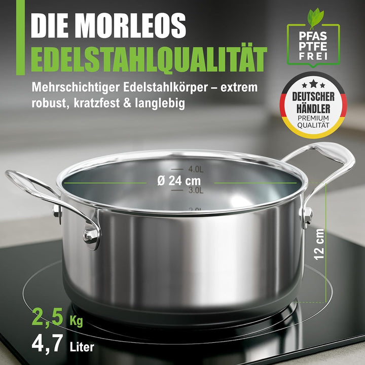 Suppentopf mit modernem, flachem Glasdeckel, 4,7 Liter Edelstahltopf Ø 24x12 cm - 2,5 kg - Induktion