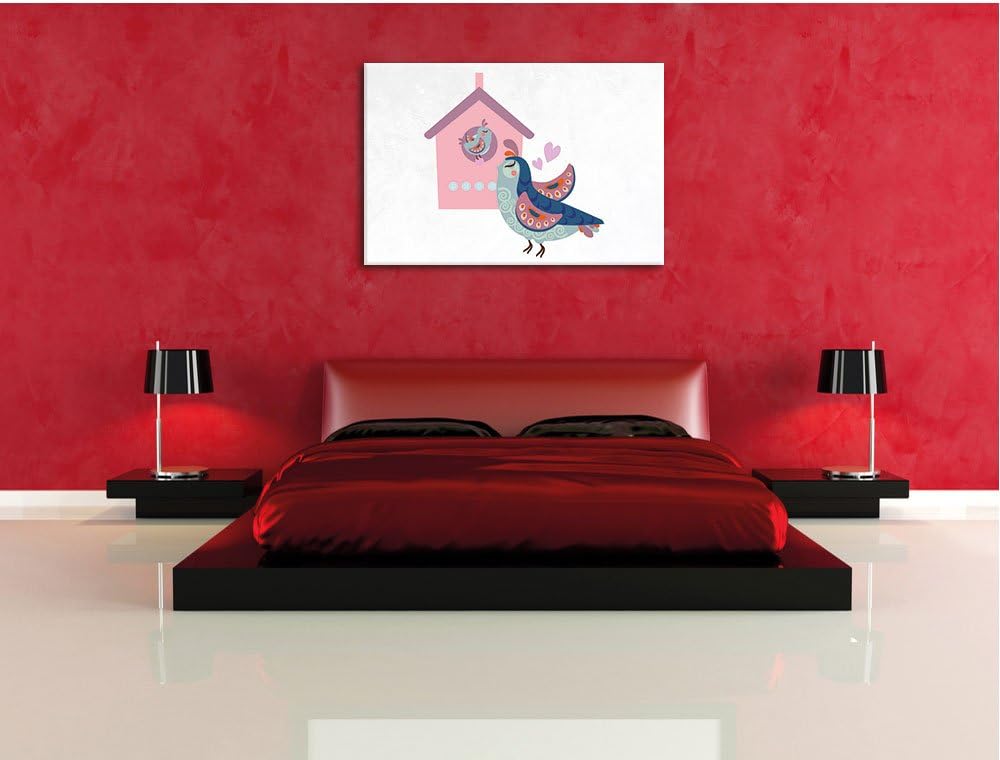 Pixxprint Vogelmutter mit süssem Vogel Baby und Vogelhäuschen weiss, Format: 100x70 auf Leinwand, XX