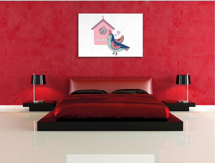 Pixxprint Vogelmutter mit süssem Vogel Baby und Vogelhäuschen weiss, Format: 100x70 auf Leinwand, XX