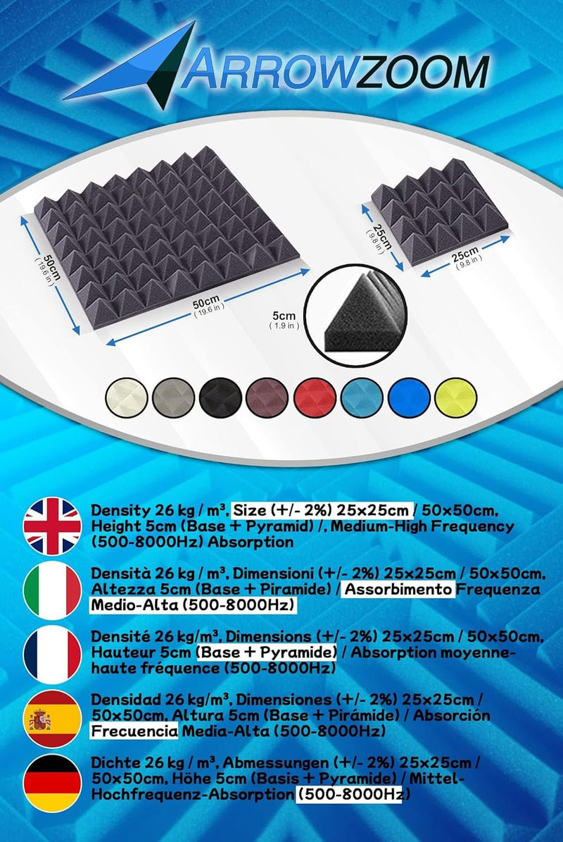 Arrowzoom 48 Akkustik Platten Akkustikschaumstoffmatten Akustikschaumstoff 25x25x5cm Dämmung Wedge N