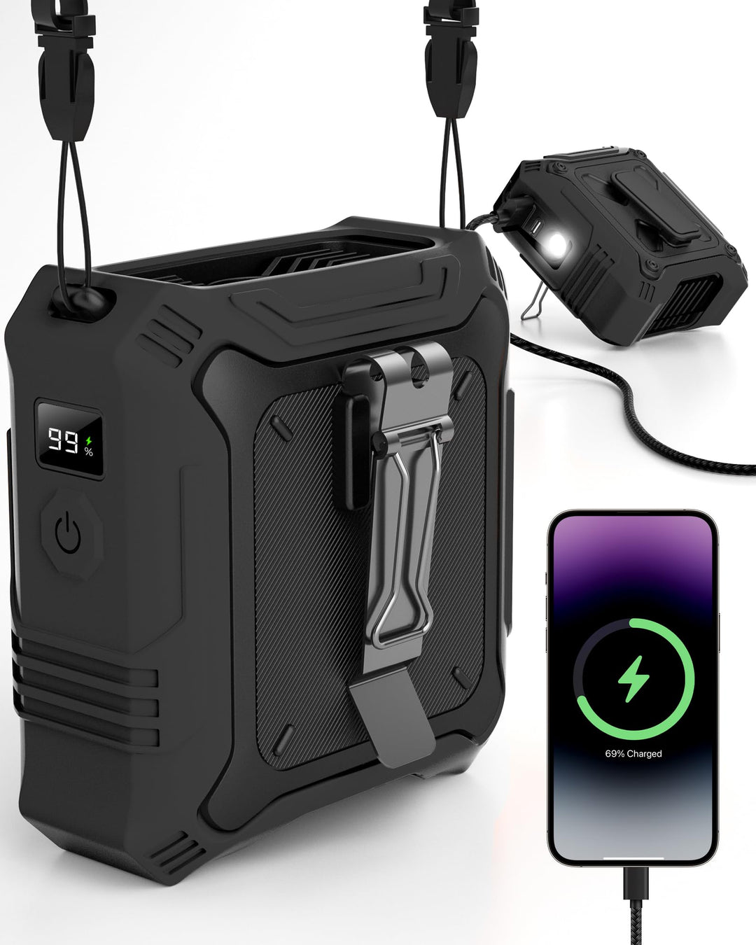 TUNISE Gürtelclip-Ventilator, 8000 mAh wiederaufladbarer Akku, 5 Stufen bis zu 24 h Laufzeit, integr