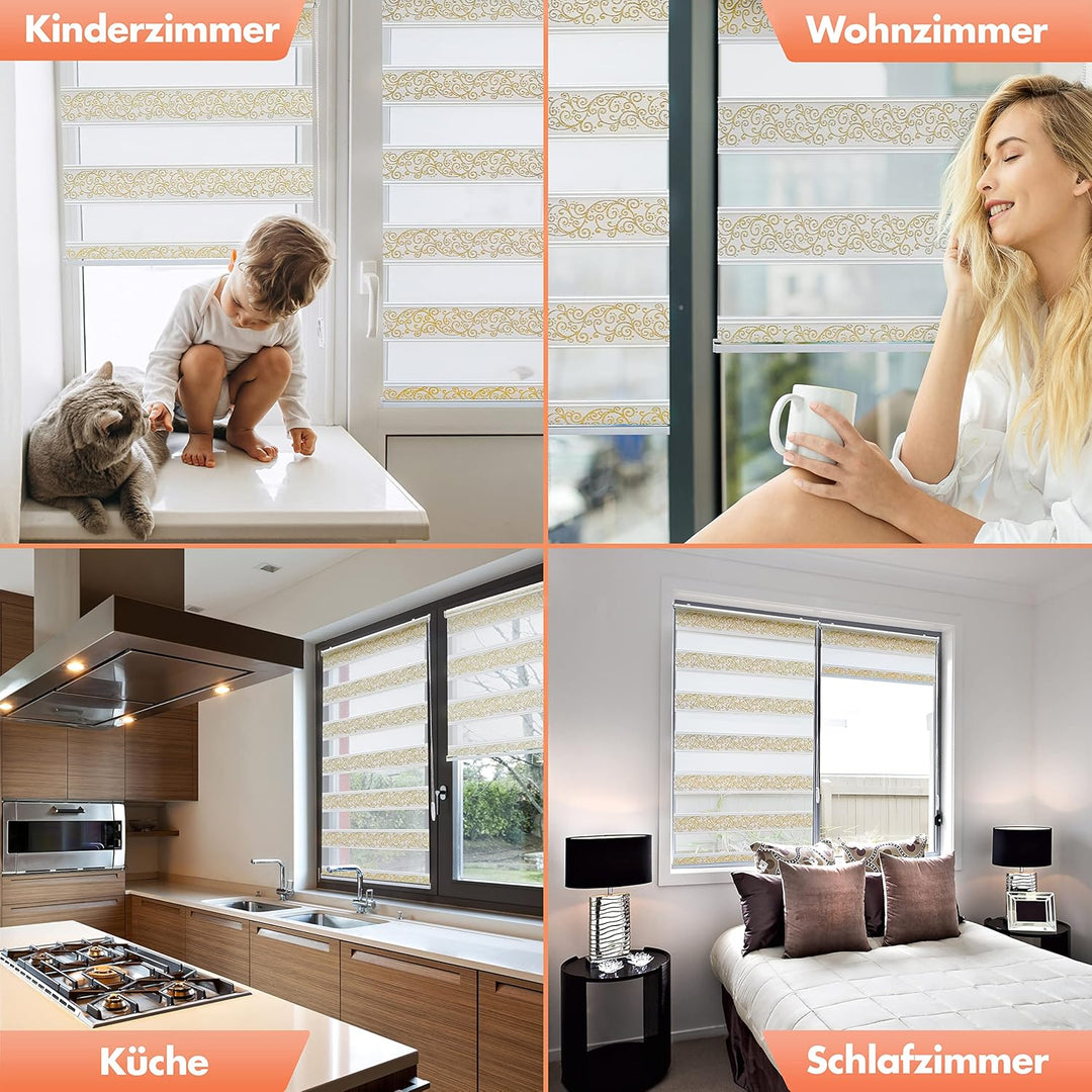 Bailena Doppelrollo ohne Bohren 4in1 Klemmfix Duo Rollos mit Muster Ranken Blumen Motiv mit Perlen G