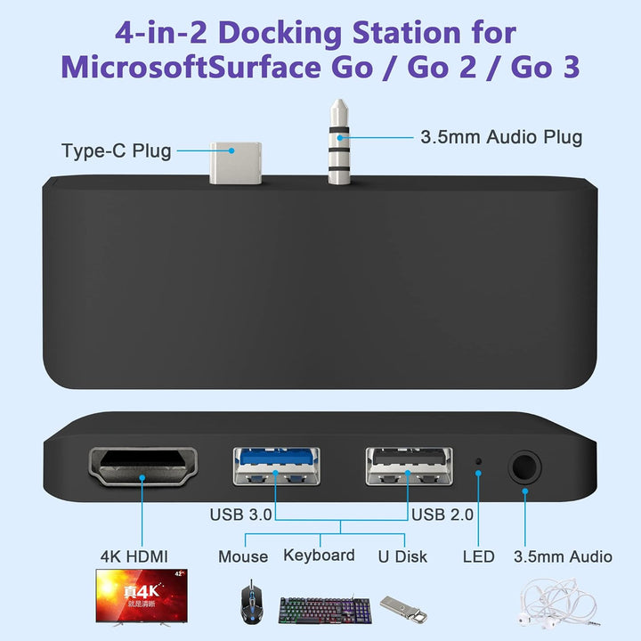 Surface Go 4/Go 3/Go 2/Go Hub Docking Station, 4-in-2 USB C Dockingstation für Surface Go mit 4K-HDM