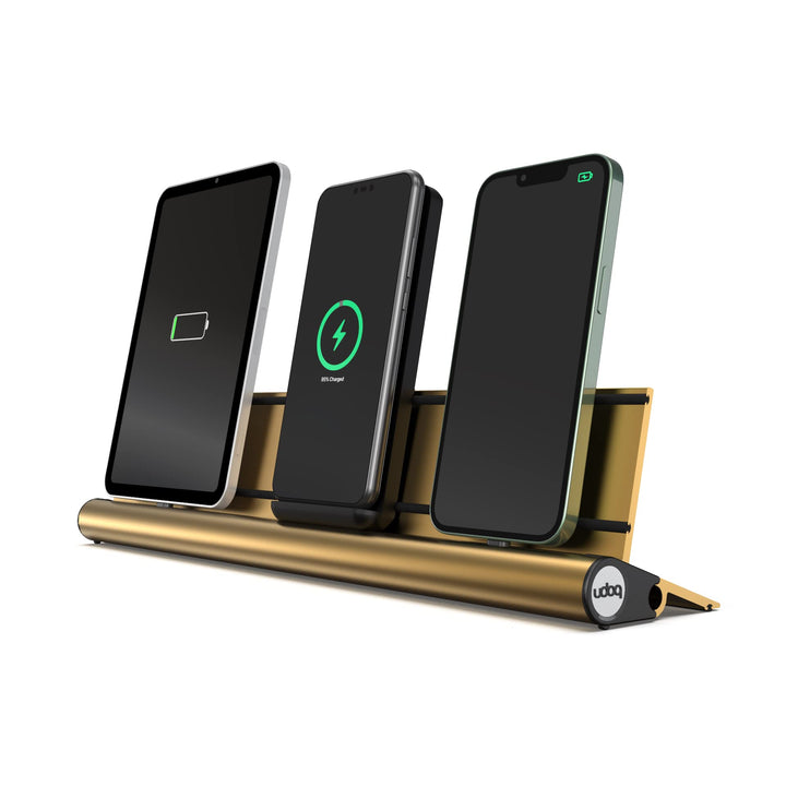 Universal Ladestation für Smartphones Tablets und AirPods, udoq 400, Aluminium, Gold, mit Power Deli