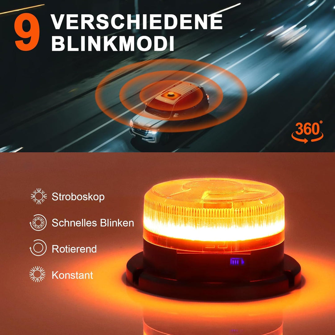 AnTom Rundumleuchte Akku mit Akkustandanzeige 9 Blitzmuster LED Rundumleuchte 12V Magnet Warnleuchte