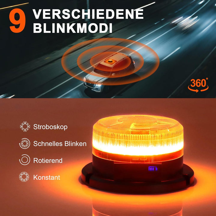 AnTom Rundumleuchte Akku mit Akkustandanzeige 9 Blitzmuster LED Rundumleuchte 12V Magnet Warnleuchte