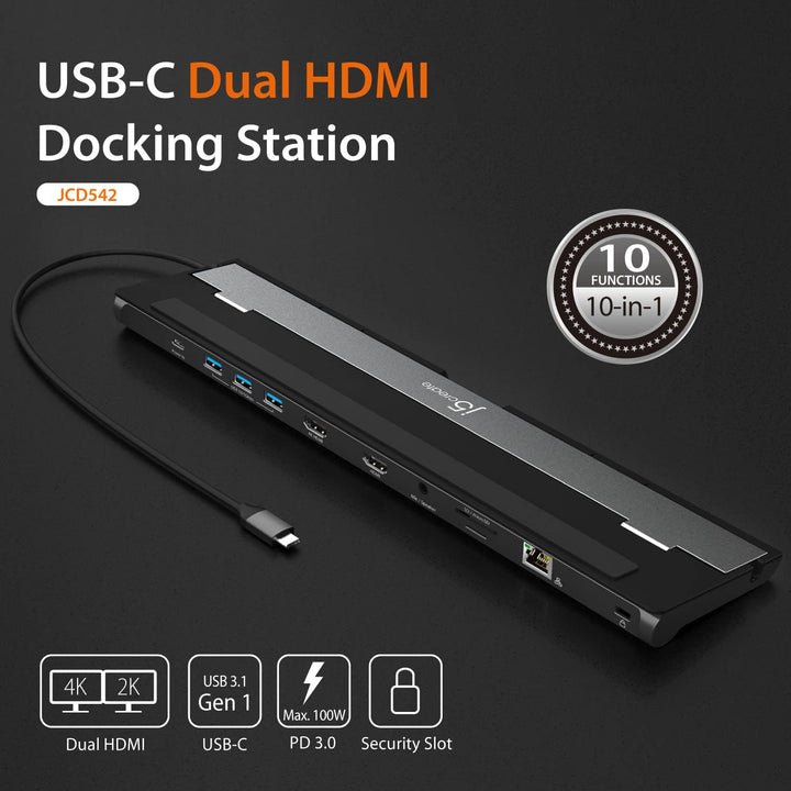 j5create USB-C Dockingstation (10-in-1)- 4K und 1080p HDMI Anzeigen, 5Gbps USB-A x3, SD Kartenleser,