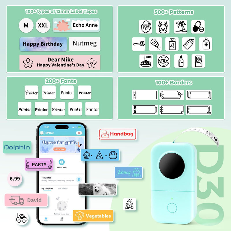 Phomemo D30 Bluetooth Etikettiergerät Beschriftungsgerät Selbstklebend Mini Etikettendrucker,Label P