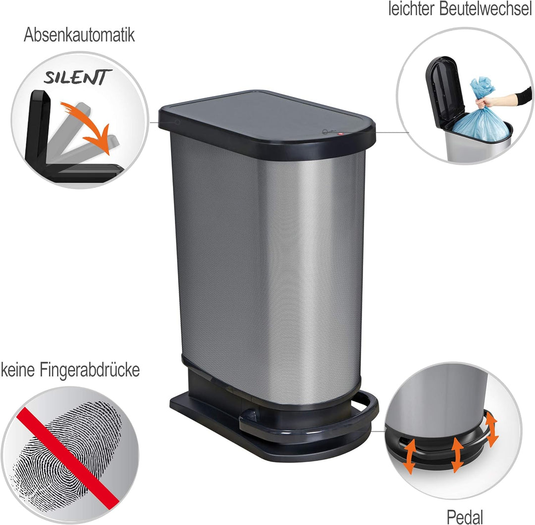 Rotho Paso Mülleimer 50l mit Pedal und Deckel, Kunststoff (PP) BPA-frei, carbon metallic, 50l (44,0