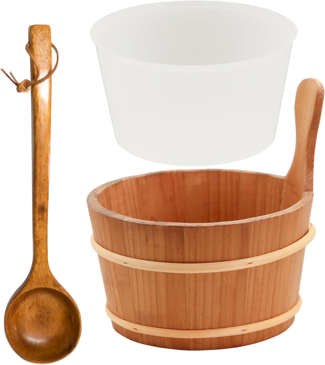 HAF® Saunakübel Set Thermo Espe 4 Liter mit Einsatz, 40cm Saunakelle Komu-Holz, Sanduhr und Klimames