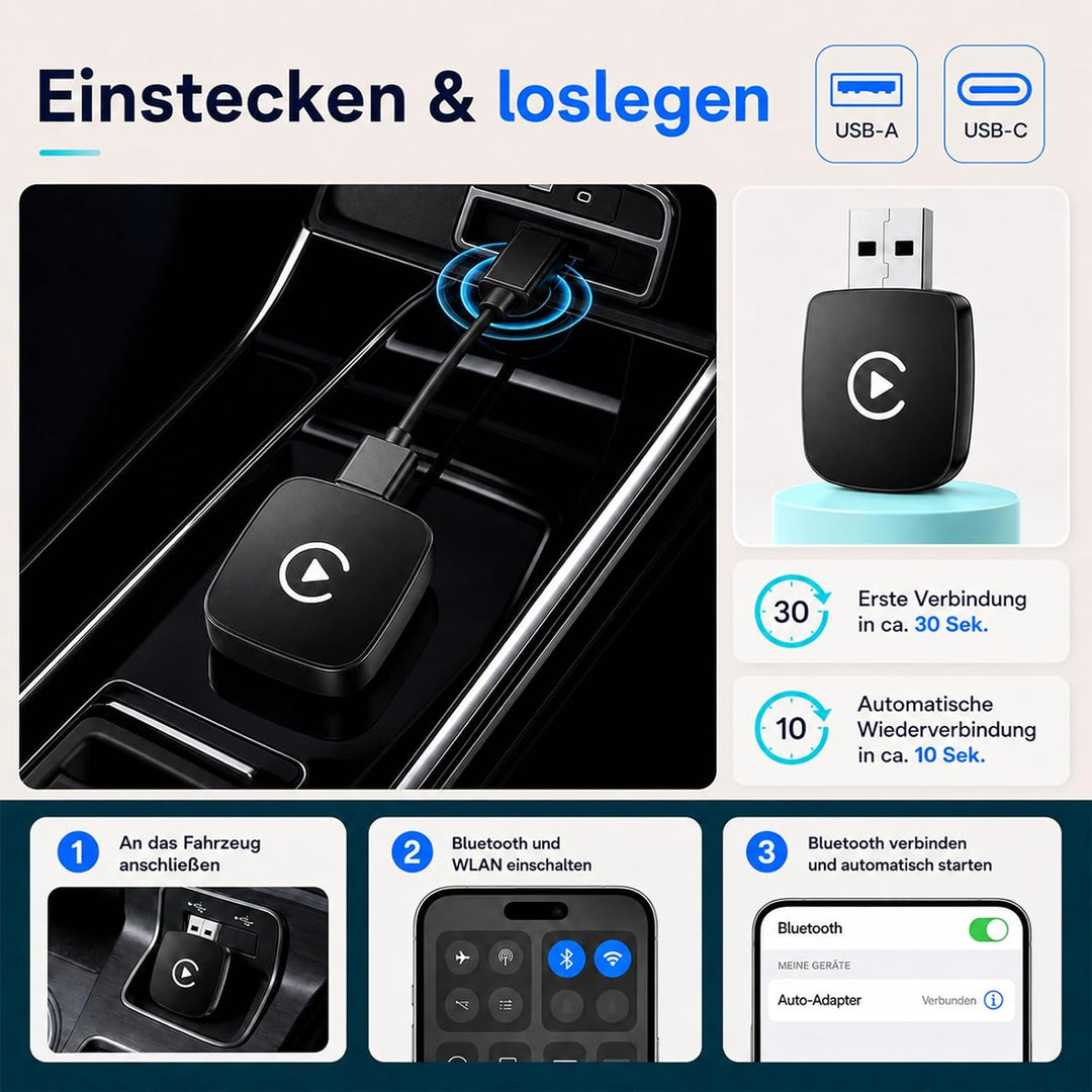 2 in 1 CarPlay &amp; Android Auto Wireless Adapter Kabellos, neuestes Modell 2026, Dualband WiFi 6 Bluet
